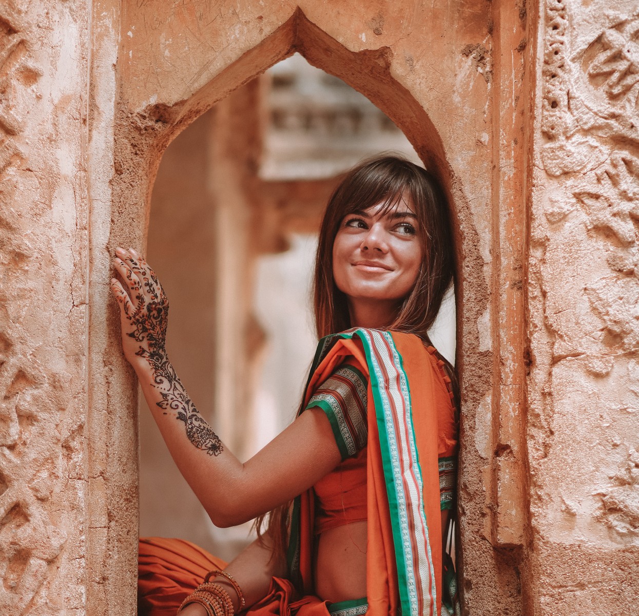 A girl wearing a traditional Indian sari